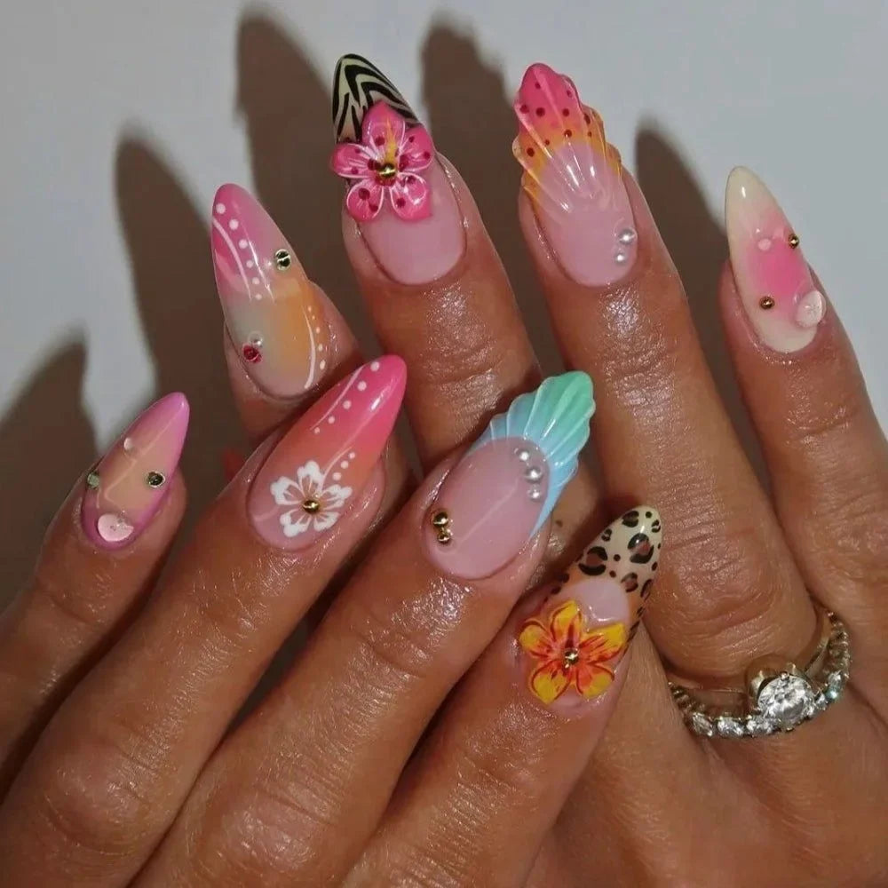Summer Almond Fake Nails Colorful 3D Flower Seashell Designs Press on Nail