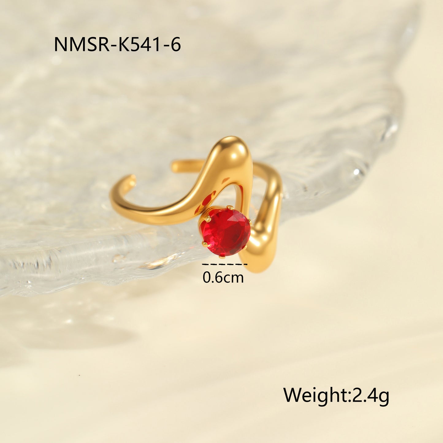 Red Zircon Ring - Titanium Steel Open-end Bold Geometric Design