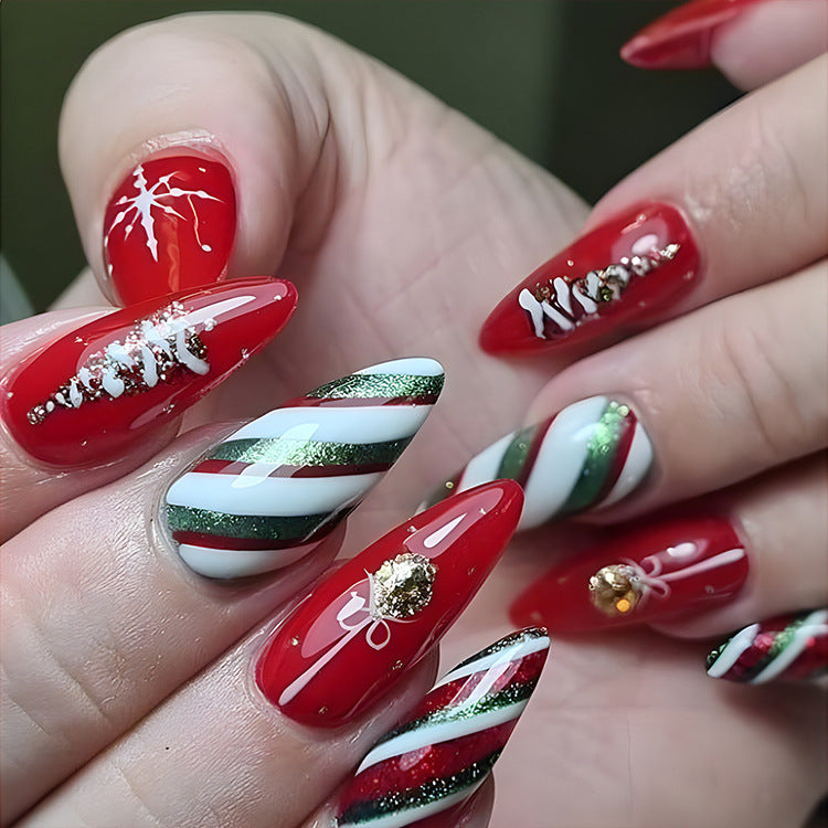 Christmas False Nails Hat Striped Snowflake Nail Art