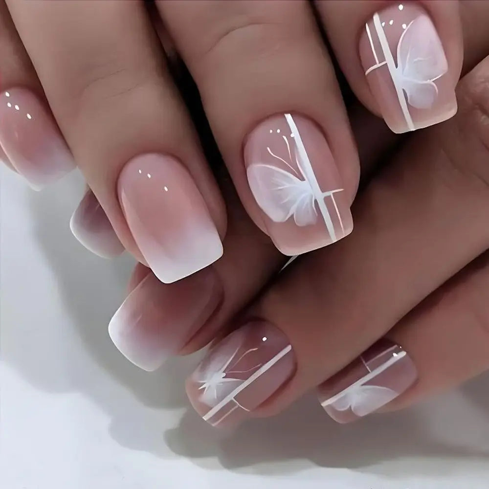 Square Head French Fake Nails Waterproof Wearable Manicure Nude Color Gradient Press on Nails Full Cover Flash Nail Tips Women