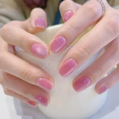 Purple Cat Eye Fake Nails Square Head French Ballet Nails Short Press on Nails