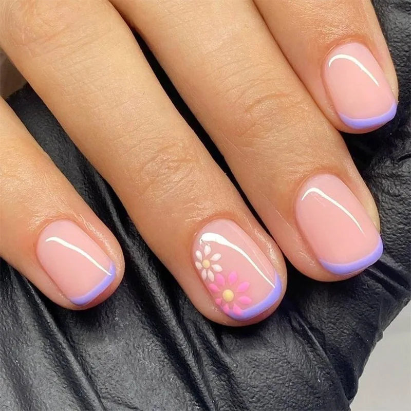 Flowers Gold Glitter Powder Edge White French Nail Art Fashion Wearable Fake Nail Detachable Finished False Nails Press on Nails