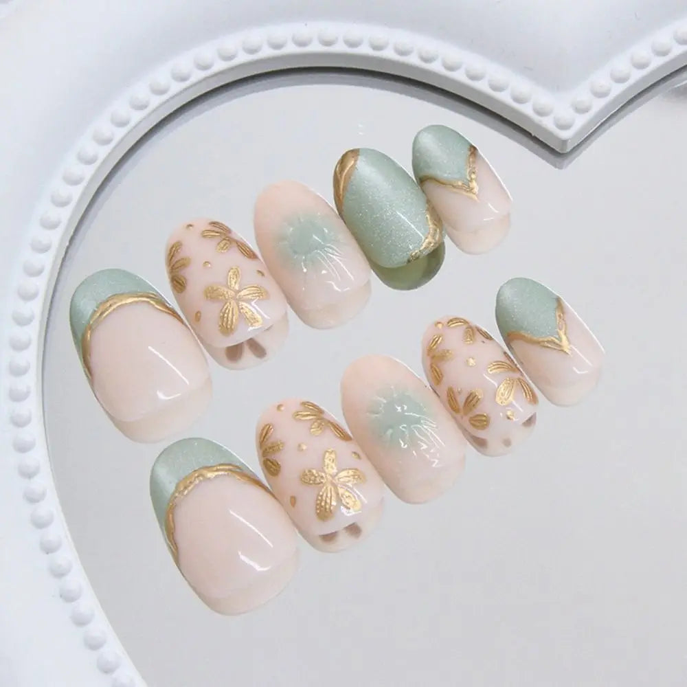 24pcs Manicure Oval False Nails Green French Press on Nails Detachable Cat Eye Flower Nail Tips DIY