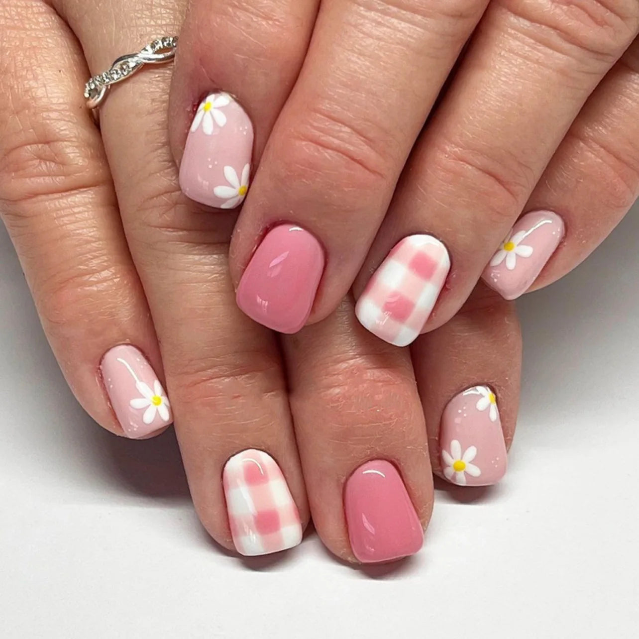 Flowers Gold Glitter Powder Edge White French Nail Art Fashion Wearable Fake Nail Detachable Finished False Nails Press on Nails