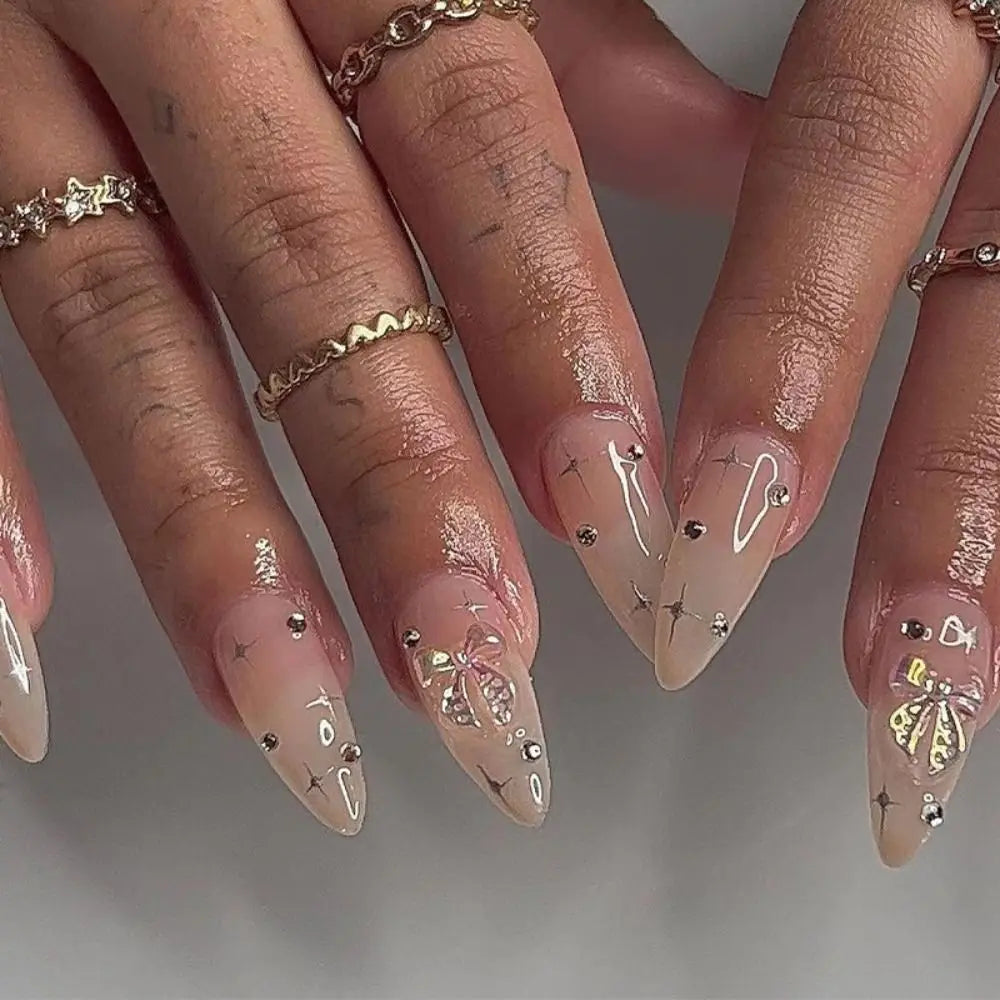 24Pcs Long Almond False Nails Various Styles French Press On Nails Newest Fake Nails DIY Manicure Detachable Nail Tips