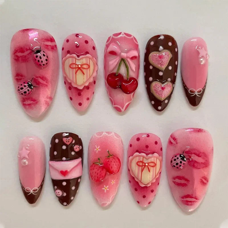 Summer Almond Fake Nails Colorful 3D Flower Seashell Designs Press on Nail