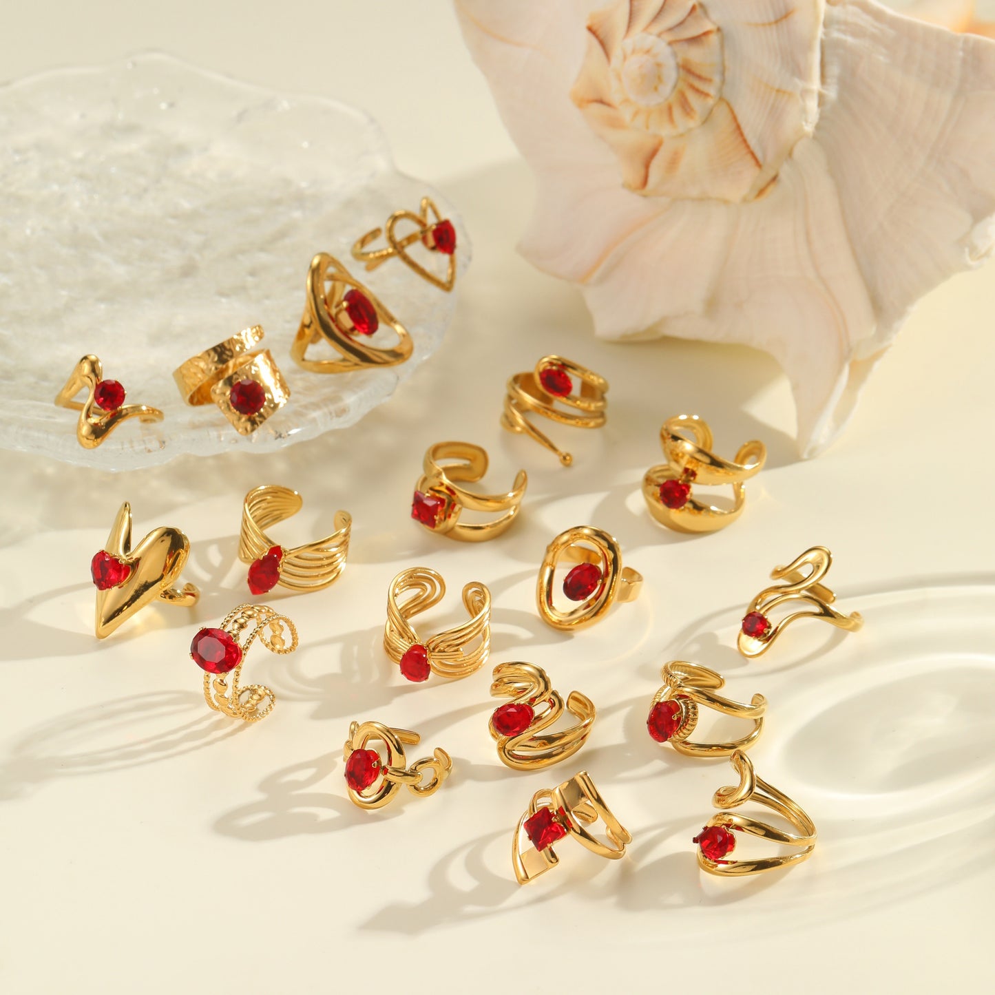 Red Zircon Ring - Titanium Steel Open-end Bold Geometric Design
