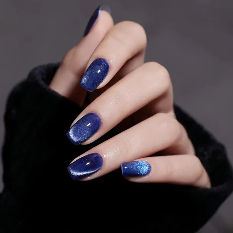 24Pcs Short False Nails Press on Nails Solid Color Cat Eye Design with Jelly Glue Square False Nail Wearable Acrylic Manicure