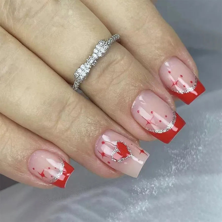 24Pcs Short French Wearable Fake Nails with Glue Simple Stripe Nail Art Full Cover Ballerina Fashion Press on Nail Manicure Tips