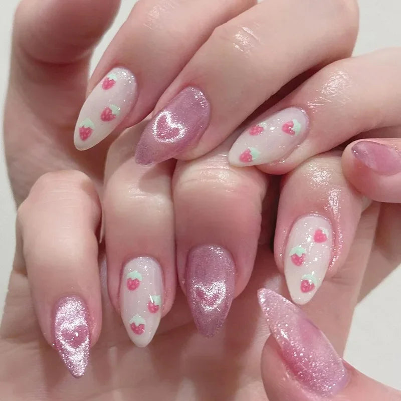 24Pcs Almond-Shaped Press-On Nails With Cute Strawberry Heart Design Medium Length Pearlescent Finish Mixed Shades False Nails