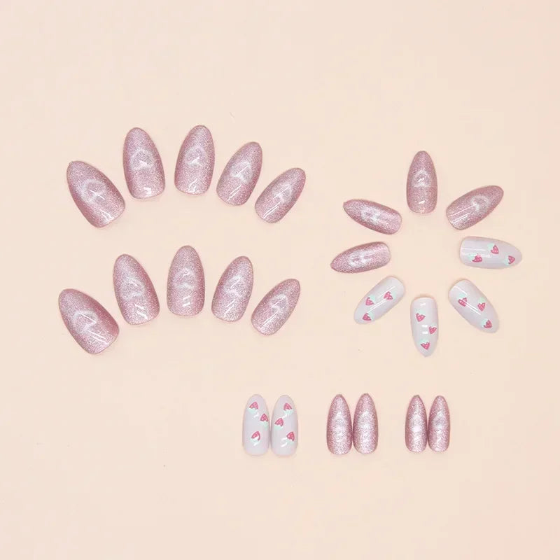 24Pcs Almond-Shaped Press-On Nails With Cute Strawberry Heart Design Medium Length Pearlescent Finish Mixed Shades False Nails