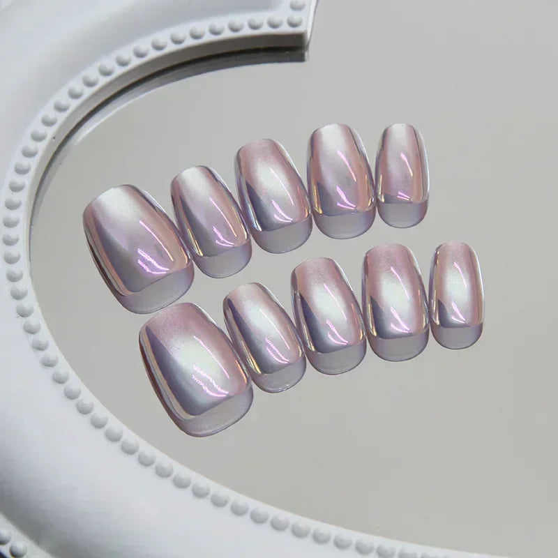 Purple Cat Eye Fake Nails Square Head French Ballet Nails Short Press on Nails
