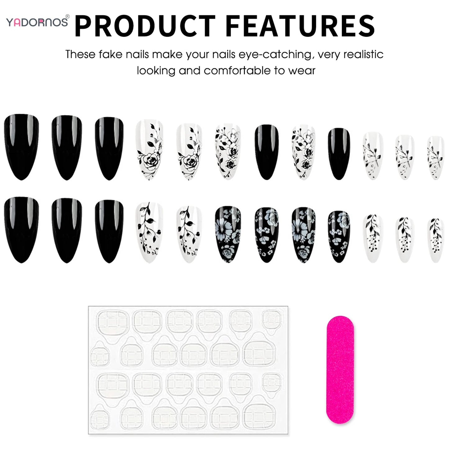 24Pcs Almond Fake Nails Black/White Flower Printed Charms Press On Nails Women and Girls Full Cover Wearable False Nails Patches