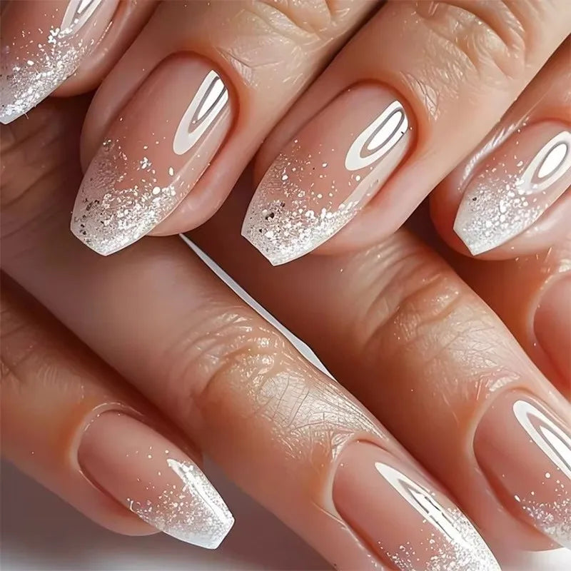 Hot Selling French 3D Gold Line Flower Nail Art Almond Shape False Nails Detachable Finished Fake Nails Press on Nails with Glue
