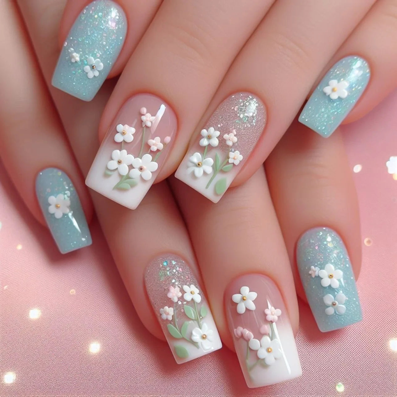 Flowers Gold Glitter Powder Edge White French Nail Art Fashion Wearable Fake Nail Detachable Finished False Nails Press on Nails