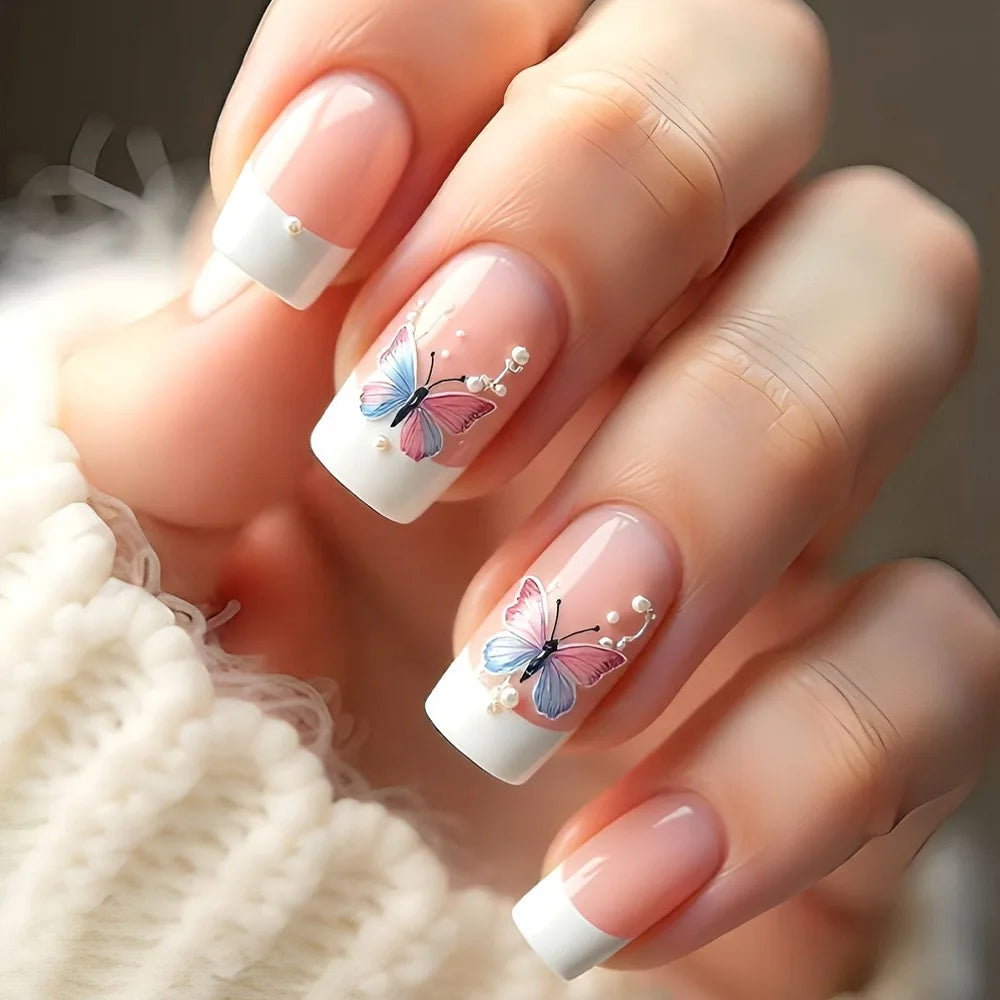 24Pcs Mid-length Square Head Press on False Nails with Golden Shiny Powder Gradient Fake Nails Detachable Full Cover Nails Tips