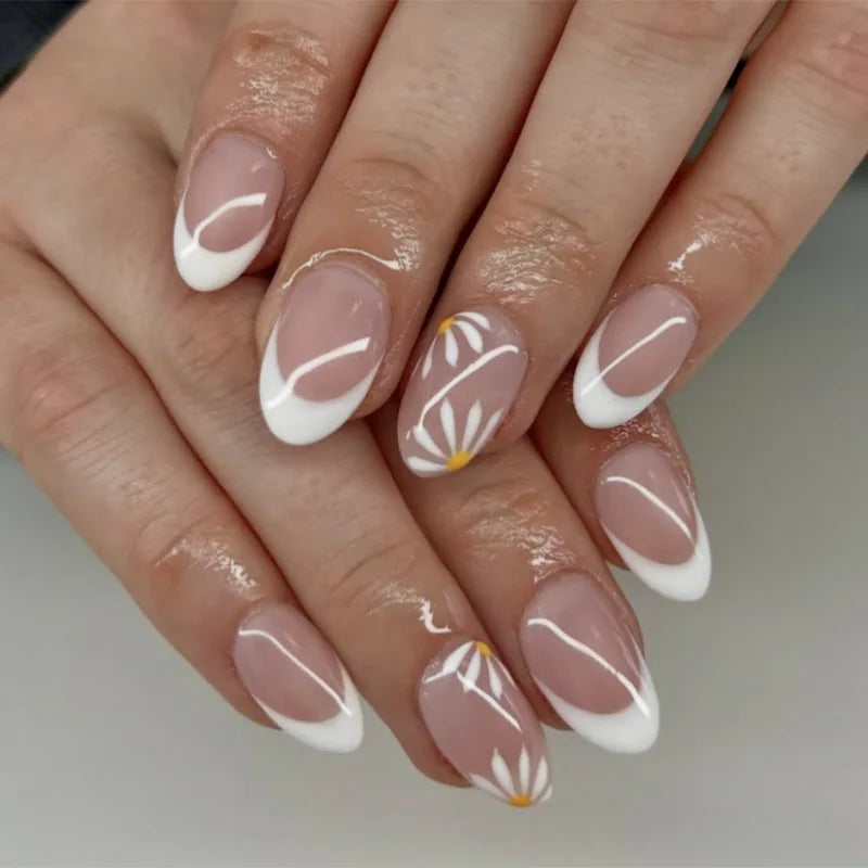 Flowers Gold Glitter Powder Edge White French Nail Art Fashion Wearable Fake Nail Detachable Finished False Nails Press on Nails