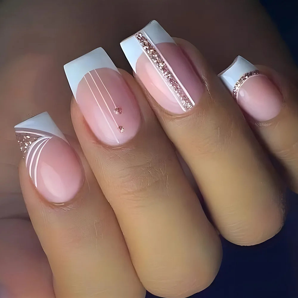 White French Press on Nails Gold Glitter Line.