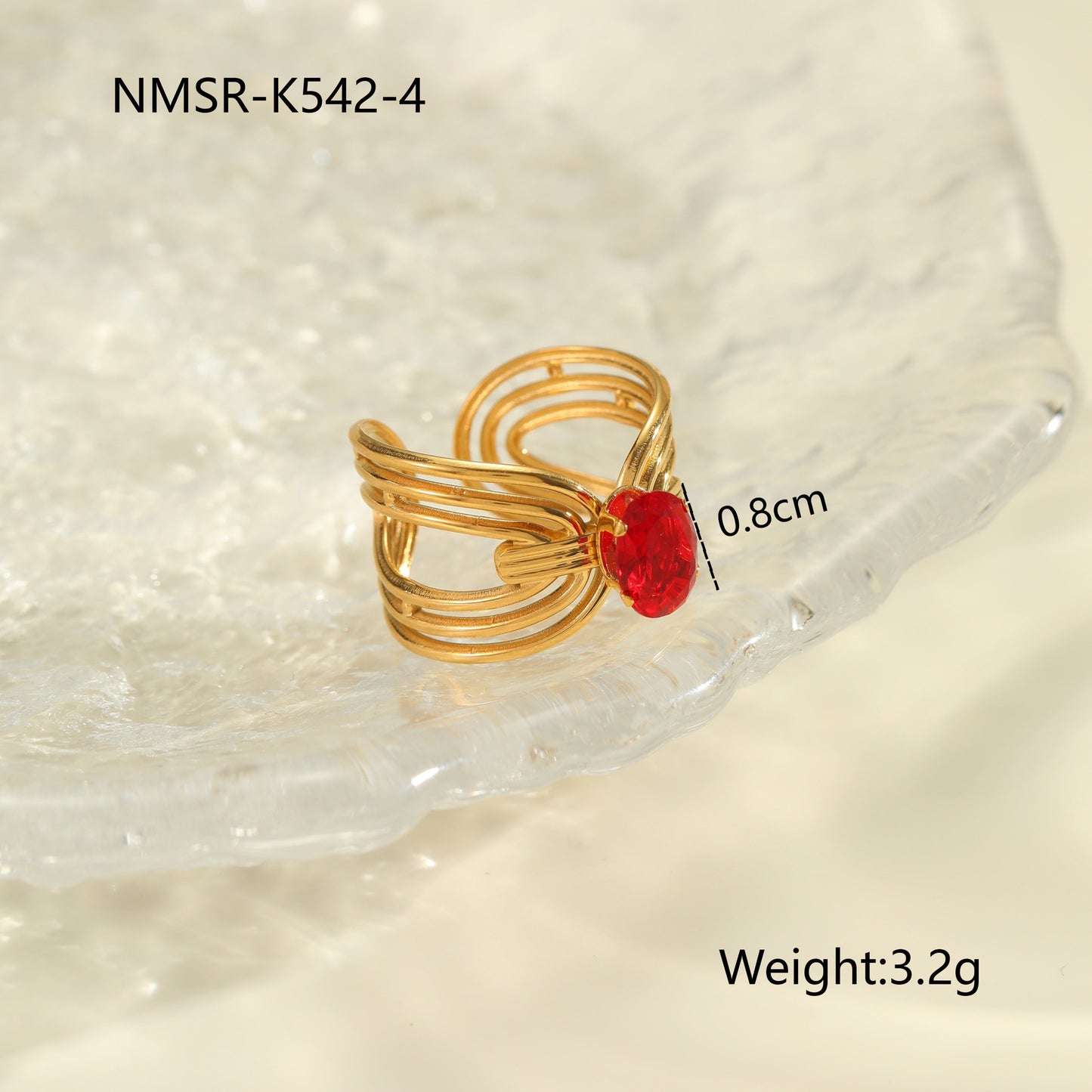 Red Zircon Ring - Titanium Steel Open-end Bold Geometric Design