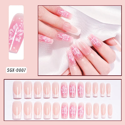 Square Head Flower Design Fake Nail Tips Acrylic Floral Wearable Ballet False Nail Artificial Full Cover Press on Nails