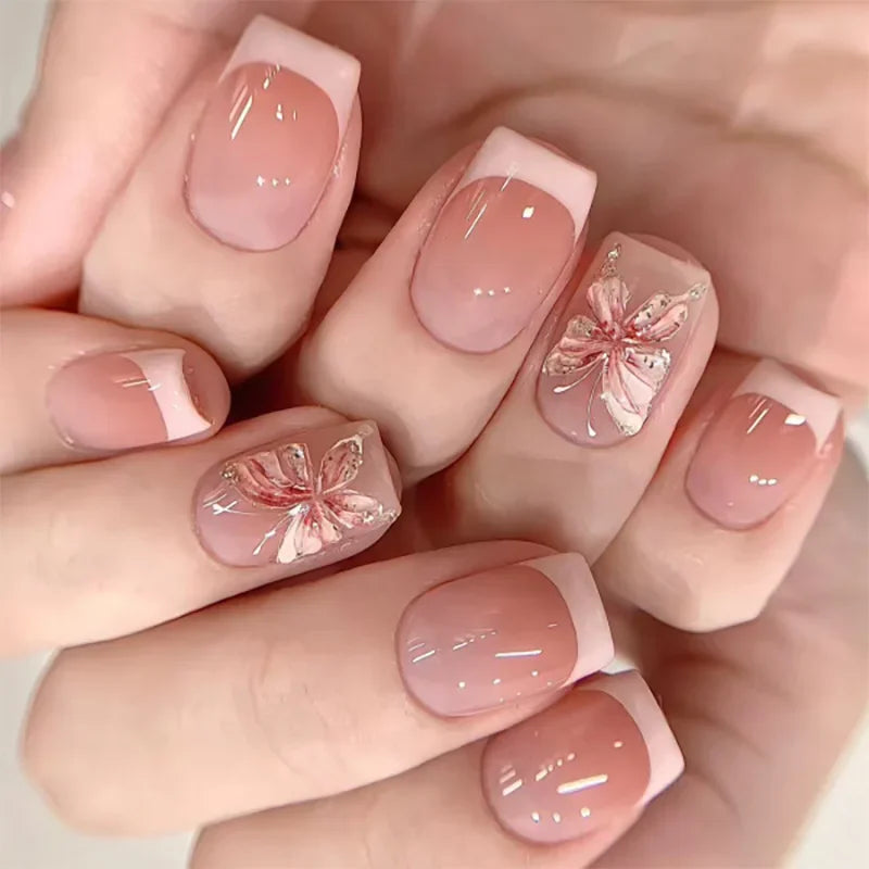 Hot Selling French 3D Gold Line Flower Nail Art Almond Shape False Nails Detachable Finished Fake Nails Press on Nails with Glue