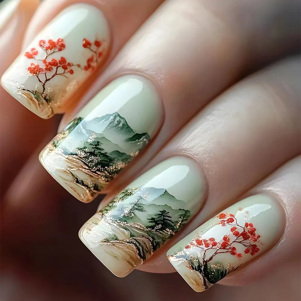 24Pcs Mid-length Ballet False Nails Press on Nails Spring Flowers Fresh Design Fake Nails with Glue Wearable Acrylic Nail Tips