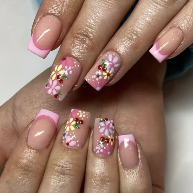 Flowers Gold Glitter Powder Edge White French Nail Art Fashion Wearable Fake Nail Detachable Finished False Nails Press on Nails