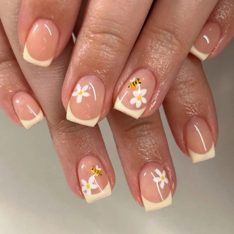Flowers Gold Glitter Powder Edge White French Nail Art Fashion Wearable Fake Nail Detachable Finished False Nails Press on Nails