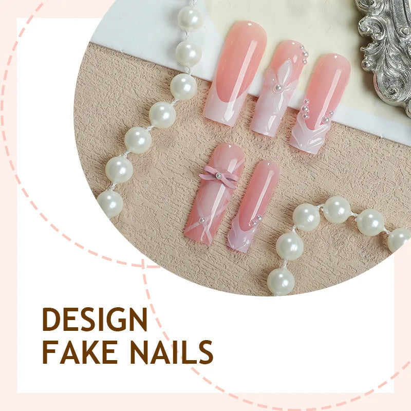 24Pcs Nude Color Fake Nails White French Tips Almond Press On Nails Flower Designs Korean Style DIY Manicure Artificial Nails