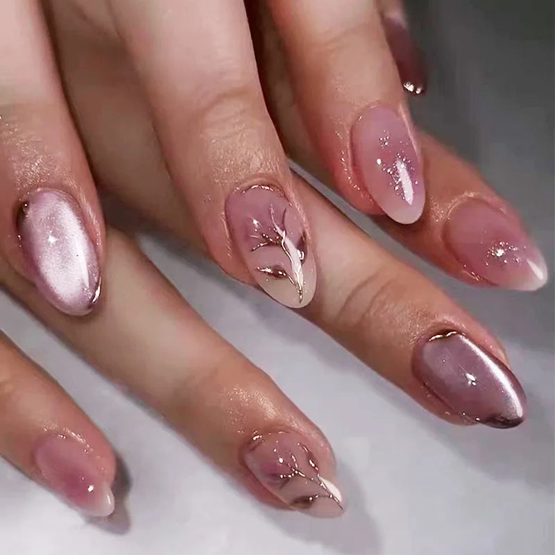 24pcs Cat's Eye Press on Nails Love Design French Pink Almond Fake Nail Mid-length Oval False Nail Art Reusable Glitter Manicure