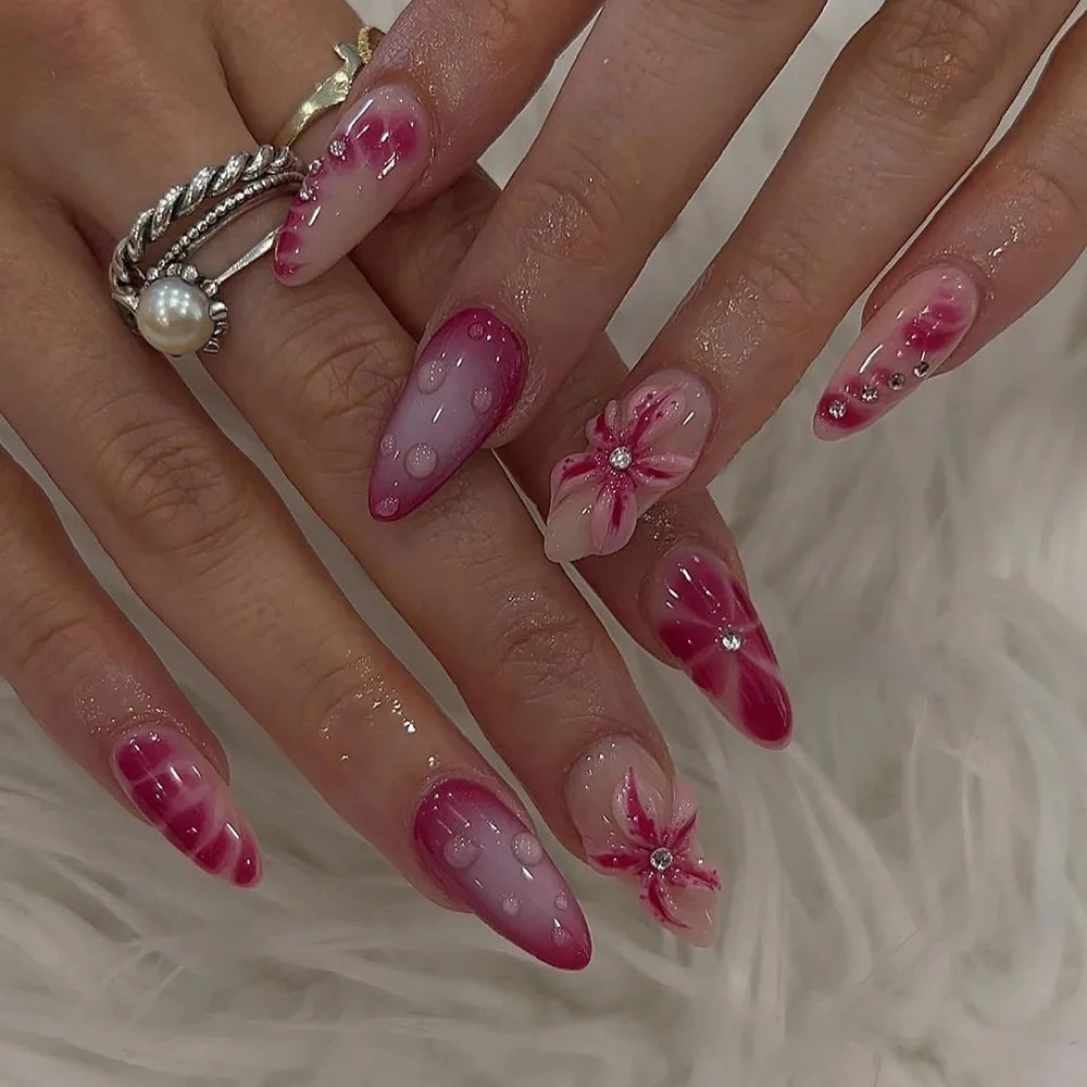 24/30PCS/BOX Cat Eyes False Nail 3D Bow Ripple Love Pearl Press on Nails Simple French Lines with Jelly Stickers Nail Tips