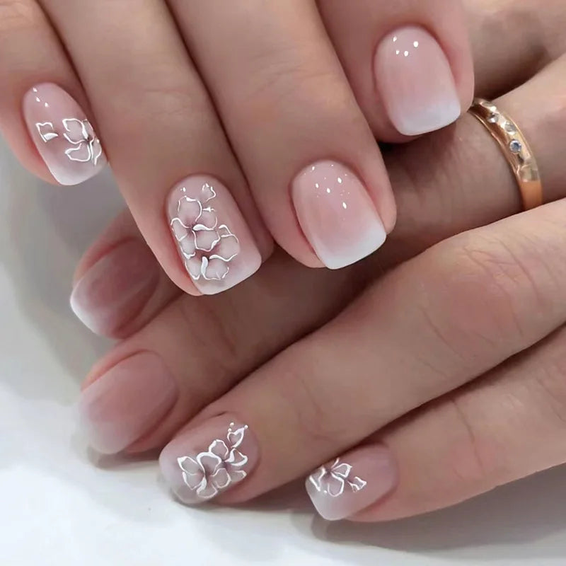 Naked Pink French White Side False Nails Short Simple Nail Beauty Press on Nails