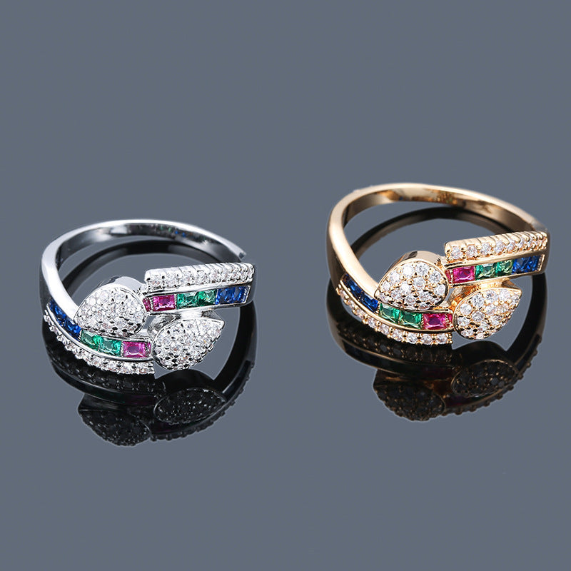 Colorful Zircon Gold Ring - Women's Geometric Inlaid Plated Design