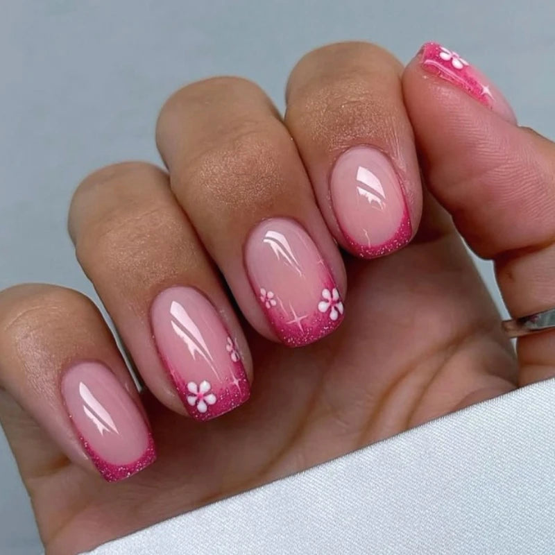 Flowers Gold Glitter Powder Edge White French Nail Art Fashion Wearable Fake Nail Detachable Finished False Nails Press on Nails