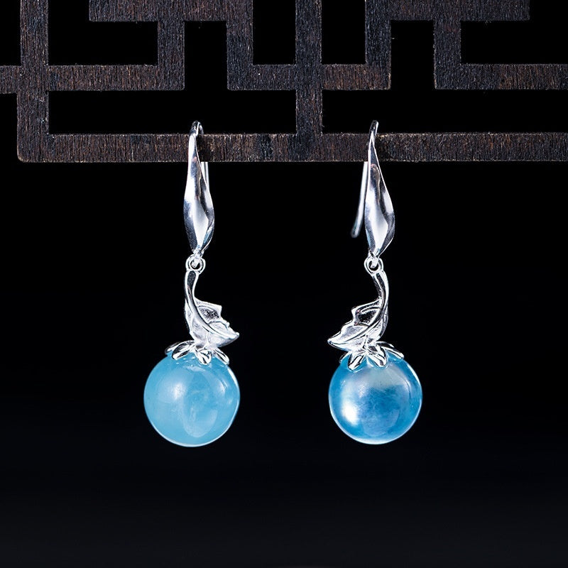 S925 Silver Aquamarine Flower Earrings - Vintage Leaves Gemstone Jewelry