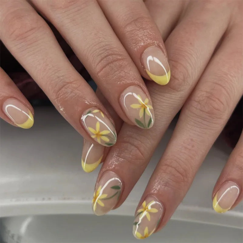 Flowers Gold Glitter Powder Edge White French Nail Art Fashion Wearable Fake Nail Detachable Finished False Nails Press on Nails