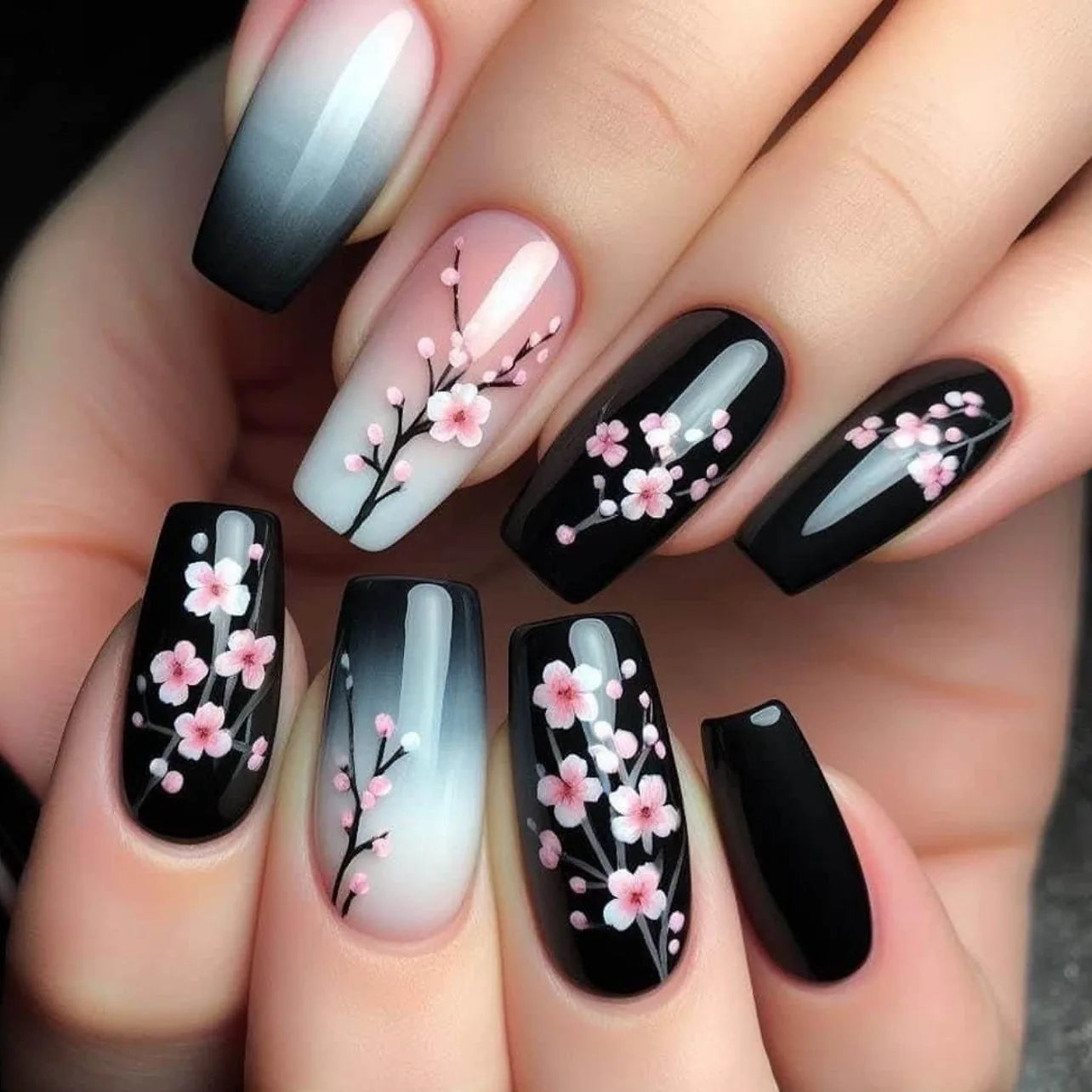24Pcs Mid-length Ballet False Nails Press on Nails Spring Flowers Fresh Design Fake Nails with Glue Wearable Acrylic Nail Tips