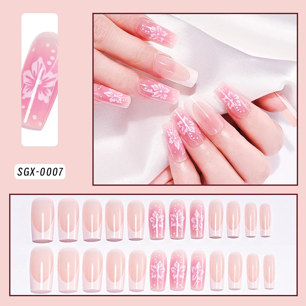 Square Head Flower Design Fake Nail Tips Acrylic Floral Wearable Ballet False Nail Artificial Full Cover Press on Nails