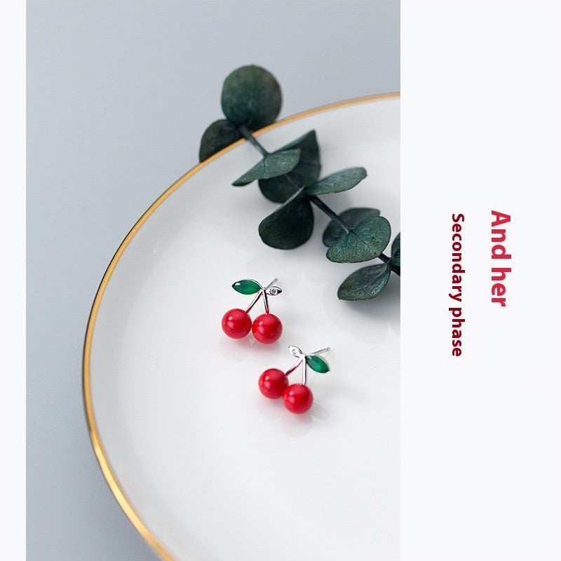 S925 Sterling Silver Cherry Earrings - Red Shell Pearl Jewelry USA