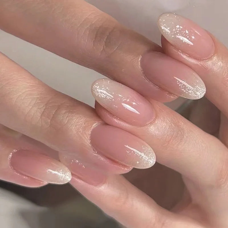 24pcs Glitter Short Almond False Nails Pink Aurora Ellipse Fake Nails Press on Nails DIY Manicure Detachable Full Cover Nail Tip