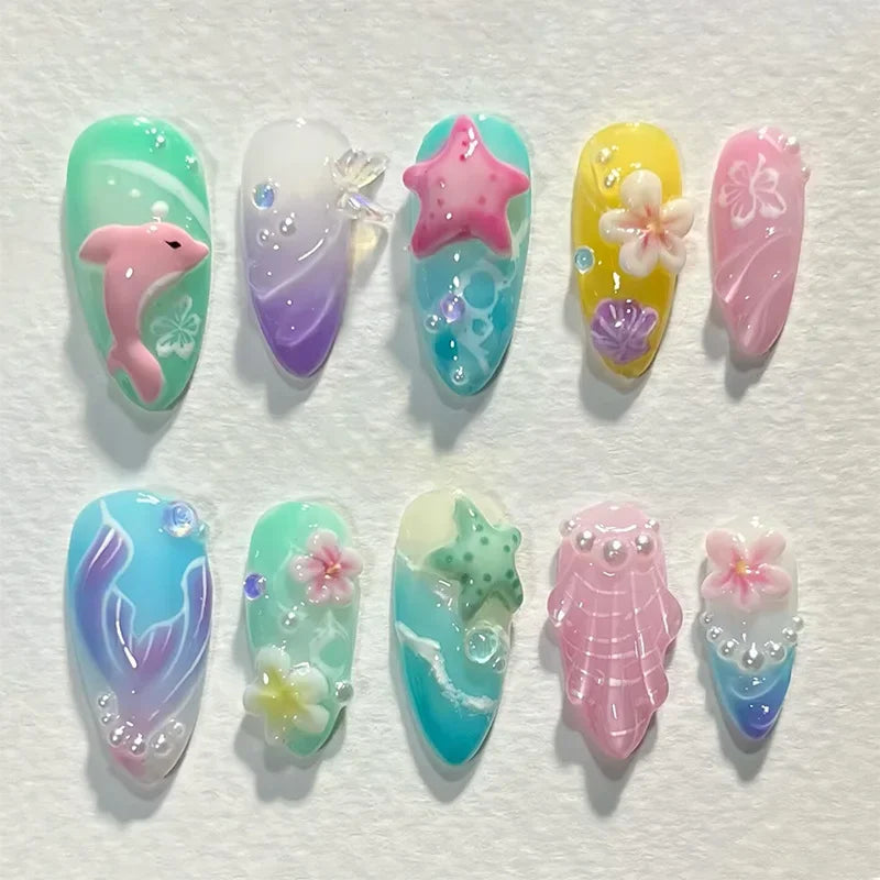 Summer Almond Fake Nails Colorful 3D Flower Seashell Designs Press on Nail