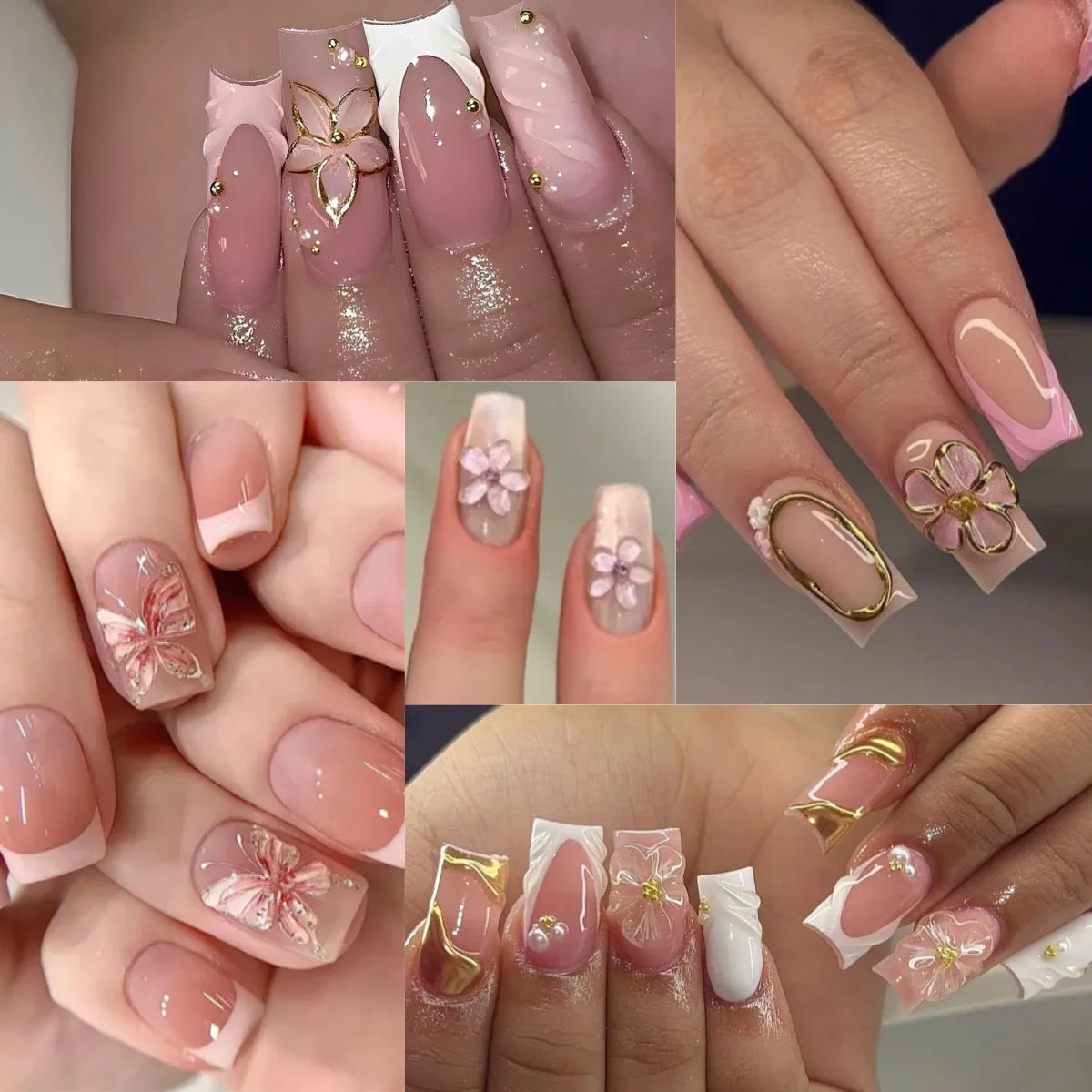 Hot Selling French 3D Gold Line Flower Nail Art Almond Shape False Nails Detachable Finished Fake Nails Press on Nails with Glue