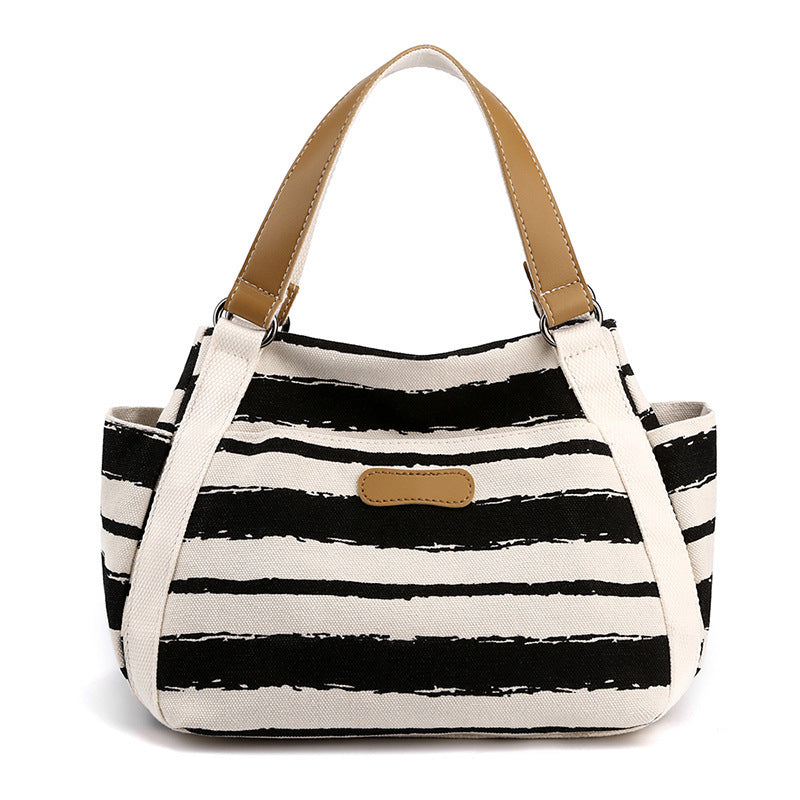 Canvas Striped Handbag - Large Capacity Outdoor Shoulder Storage Bag
