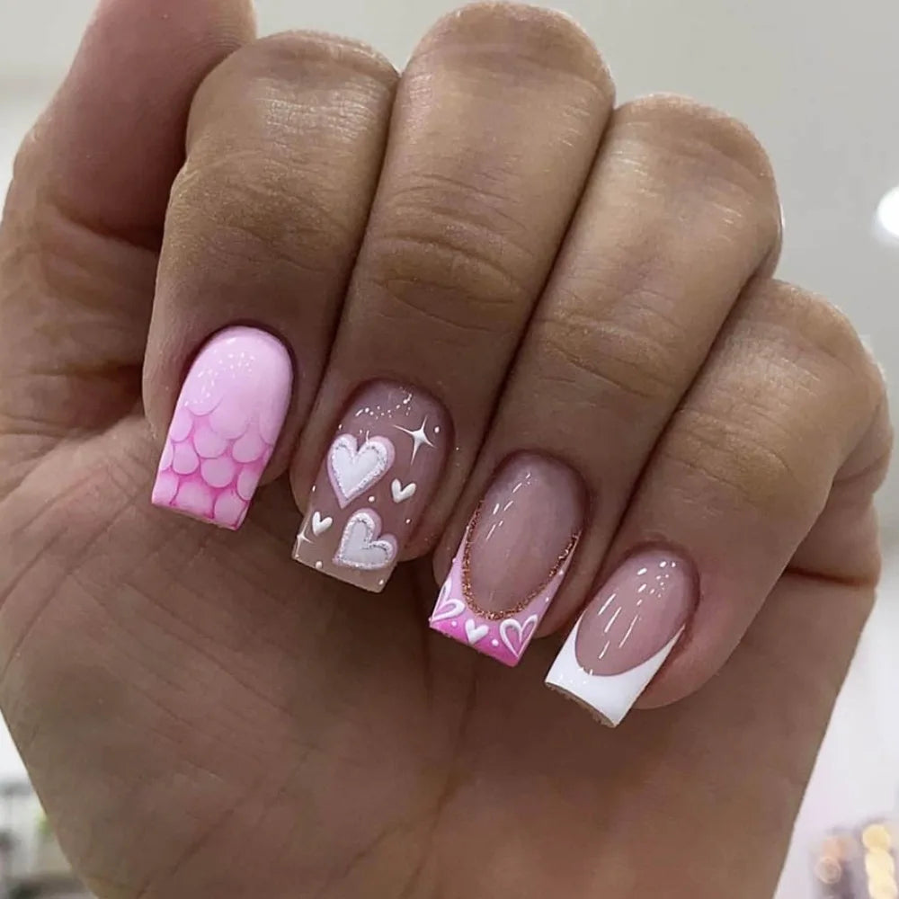 Square Head French Fake Nails Waterproof Wearable Manicure Nude Color Gradient Press on Nails Full Cover Flash Nail Tips Women