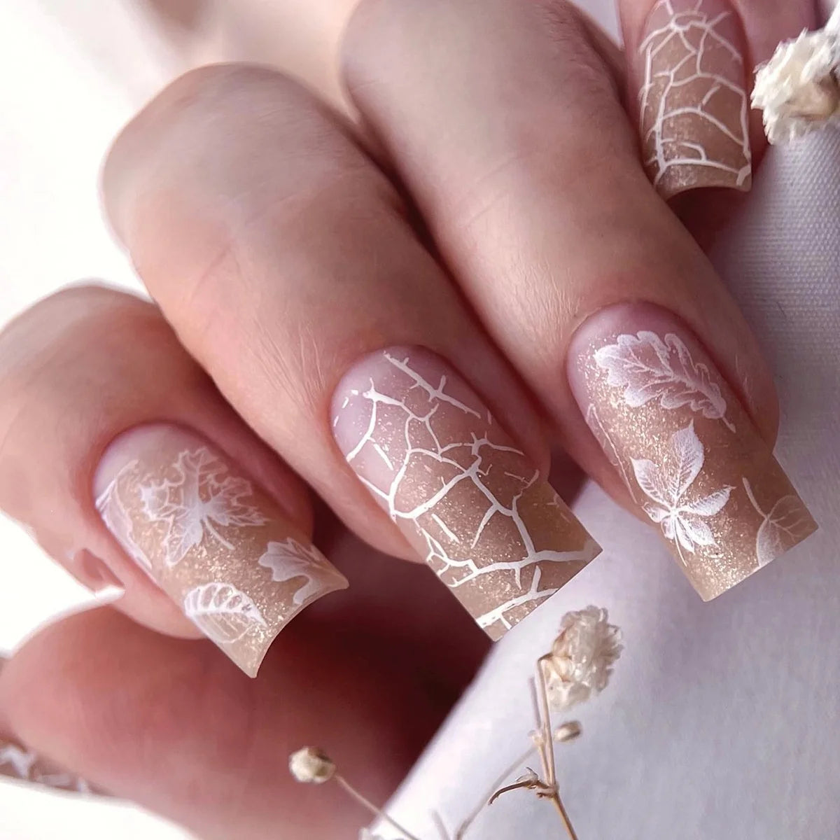 24Pcs Mid-length Square Head Press on False Nails with Golden Shiny Powder Gradient Fake Nails Detachable Full Cover Nails Tips