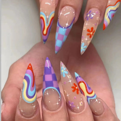 Simple Almond Nails Tips Fresh Colorful Flower Design False Nails Wearable Oval Fake Nail Short Full Cover Press on Nails