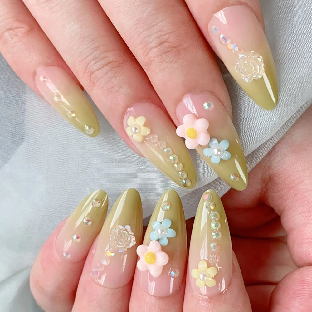 24Pcs/set 3D French Green Gradient Press on Nails Long Alomnd Reusable Adhesive False Nails Artifical Acrylic Full Cover Nail Ti