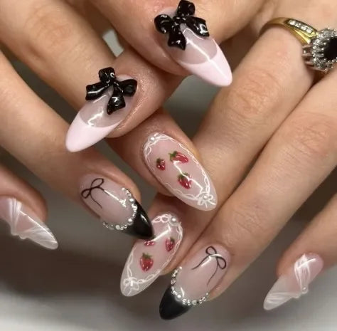 24Pcs Almond-Shaped Press-On Nails With Cute Strawberry Heart Design Medium Length Pearlescent Finish Mixed Shades False Nails