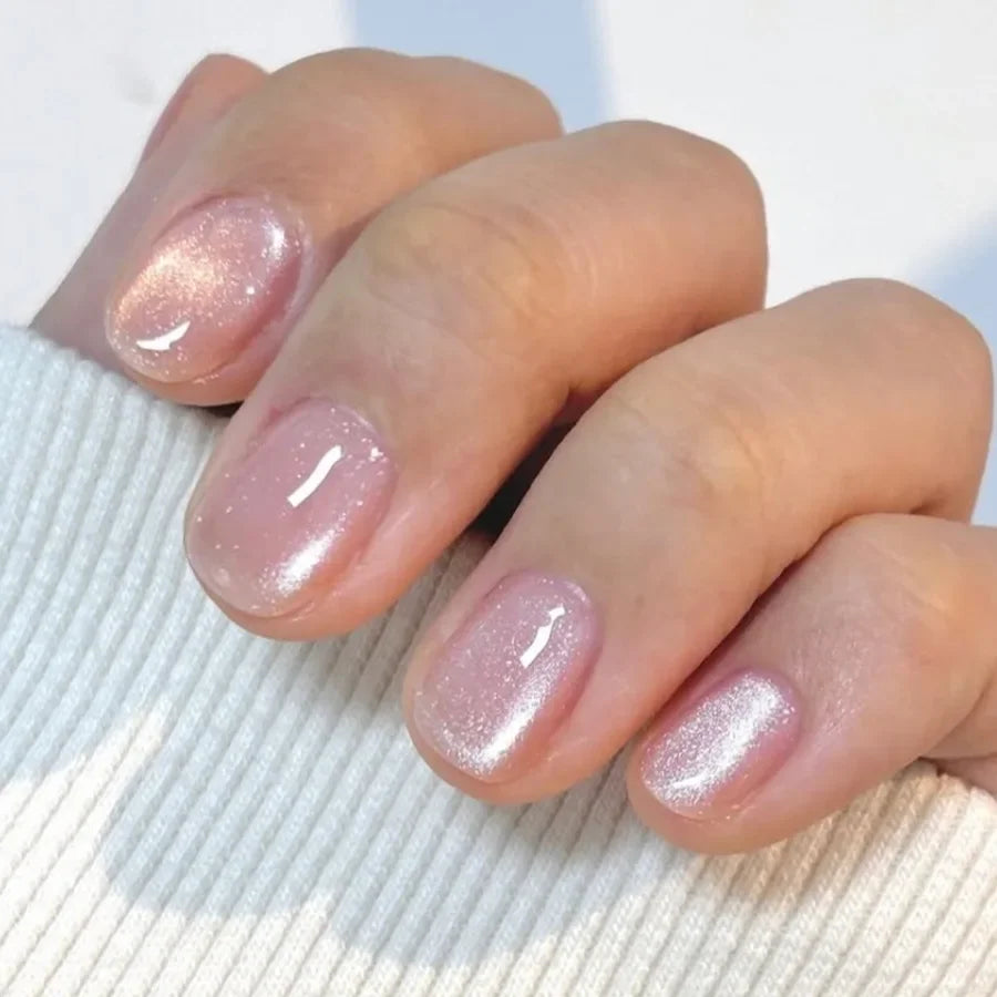 Purple Cat Eye Fake Nails Square Head French Ballet Nails Short Press on Nails