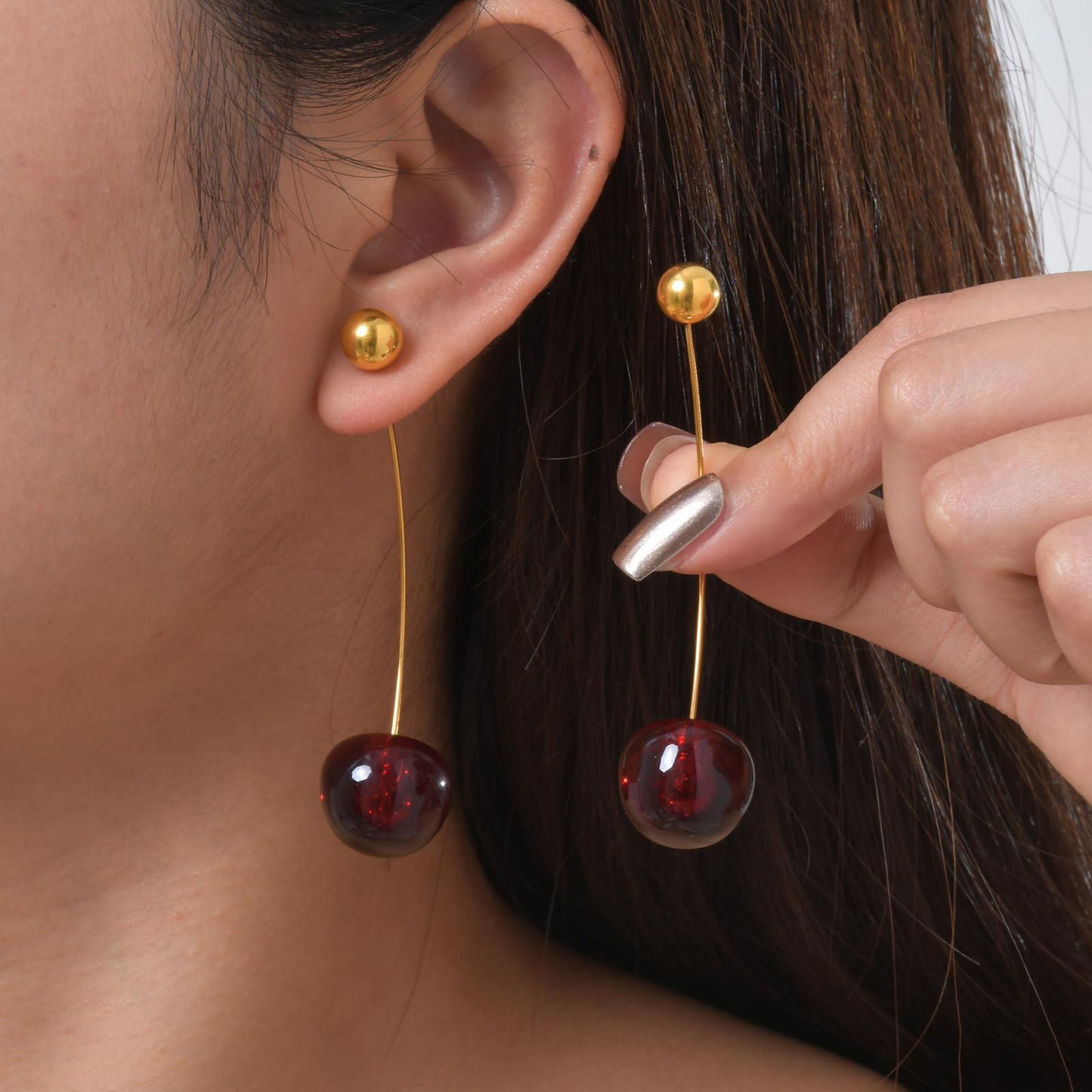Cherry-shaped Stainless Steel Earrings - Creative Fruit Ball Design